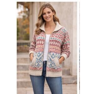 Cabi Fair Isle Zip Cardigan Small Shawl Collar Nordic Sweater Style 3847